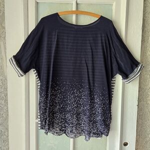 Riani Navy Stripe Mixed Print Plus Size Short Sleeve Top 14 (US)
